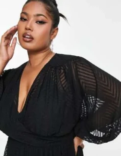 ASOS DESIGN Curve - Vestito Midi A Pieghe Con Maniche Ad Ali Di Pipistrello In Plumetis Con Motivo A Spina Di Pesce Nero -Vendite ASOS Maternity || RIVER ISLAND || Monki 203596998 4