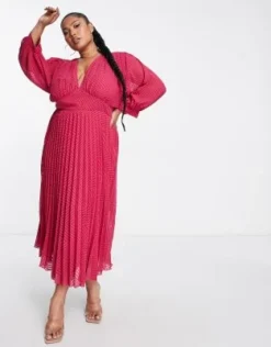 ASOS DESIGN Curve - Vestito Midi A Pieghe Con Maniche Ad Ali Di Pipistrello In Plumetis Con Motivo A Spina Di Pesce Rosa Scuro