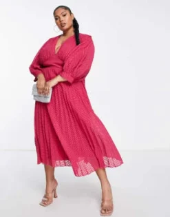 ASOS DESIGN Curve - Vestito Midi A Pieghe Con Maniche Ad Ali Di Pipistrello In Plumetis Con Motivo A Spina Di Pesce Rosa Scuro -Vendite ASOS Maternity || RIVER ISLAND || Monki 203597028 3