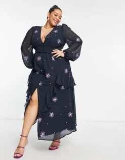 ASOS DESIGN Curve - Vestito Da Giorno Midi Grigio Antracite E Viola Con Motivo Ricamato, Vita Arricciata E Bottoni