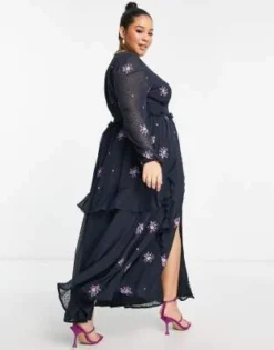 ASOS DESIGN Curve - Vestito Da Giorno Midi Grigio Antracite E Viola Con Motivo Ricamato, Vita Arricciata E Bottoni -Vendite ASOS Maternity || RIVER ISLAND || Monki 203597077 4