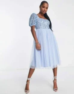 Maya Petite - Vestito Midi Da Damigella Con Maniche A Sbuffo E Scollo Quadrato Azzurro Chiaro -Vendite ASOS Maternity || RIVER ISLAND || Monki 203598614 4