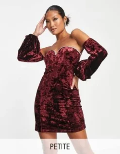 Forever New Petite - Vestito Corto In Velluto Riccio Prugna Con Strass