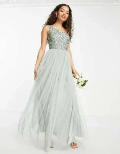 Maya Petite - Vestito Lungo Da Damigella Monospalla Verde Salvia Con Paillettes