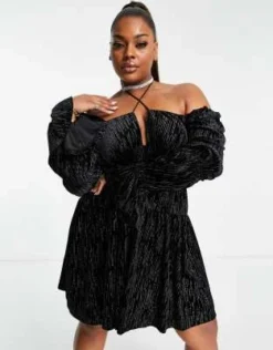 Forever New Curve - Vestito Corto Incrociato Davanti Con Apertura A Goccia Nero In Velluto Riccio -Vendite ASOS Maternity || RIVER ISLAND || Monki 203604316 4