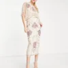 ASOS DESIGN Tall - Vestito Midi Crema Con Maniche A Campana E Decorazione Stile Art Nouveau