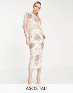 ASOS DESIGN Tall - Vestito Midi Crema Con Maniche A Campana E Decorazione Stile Art Nouveau
