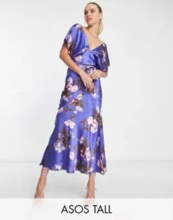 ASOS DESIGN Tall - Vestito Midi In Raso Viola A Fiori Grandi Con Maniche Ad Ali Di Pipistrello