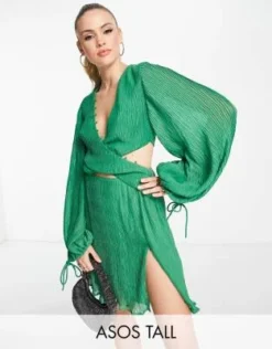 ASOS DESIGN Tall - Vestito Camicia Corto Plissé Verde Acceso Con Dettaglio Avvolgente In Vita