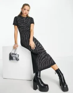 ASOS DESIGN - Vestito Midi Stile T-shirt Nero Decorato Con Motivo Tigrato Argento
