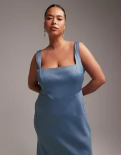 ASOS EDITION Curve - Vestito Lungo Con Scollo Squadrato In Raso Blu Crepuscolare -Vendite ASOS Maternity || RIVER ISLAND || Monki 203613550 4