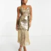 Esclusiva Collective The Label Petite - Vestito Dorato Con Paillettes, Cut-out E Frange