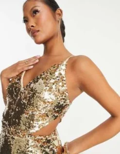Esclusiva Collective The Label Petite - Vestito Dorato Con Paillettes, Cut-out E Frange -Vendite ASOS Maternity || RIVER ISLAND || Monki 203621211 3