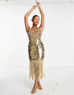 Esclusiva Collective The Label Petite - Vestito Dorato Con Paillettes, Cut-out E Frange -Vendite ASOS Maternity || RIVER ISLAND || Monki 203621211 4
