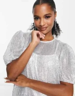 Esclusiva Collective The Label Petite - Vestito Corto Argento Con Maniche A Sbuffo E Paillettes -Vendite ASOS Maternity || RIVER ISLAND || Monki 203622735 3