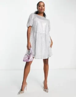 Esclusiva Collective The Label Petite - Vestito Corto Argento Con Maniche A Sbuffo E Paillettes -Vendite ASOS Maternity || RIVER ISLAND || Monki 203622735 4