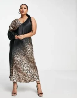 ASOS DESIGN Curve - Vestito Midi Monospalla Arricciato Con Stampa Animalier Effetto Sfumato