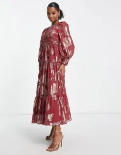 ASOS DESIGN Petite - Vestito Midi Con Dettagli Metallizzati E Maniche A Sbuffo Rosso Allacciato Sul Retro -Vendite ASOS Maternity || RIVER ISLAND || Monki 203624556 4