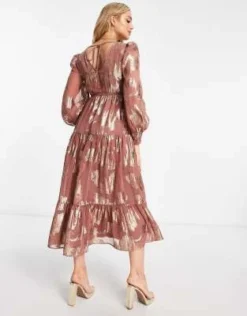 ASOS Maternity ASOS DESIGN Maternity - Vestito Midi Con Dettagli Metallizzati E Maniche A Sbuffo Color Ruggine Allacciato Sul Retro -Vendite ASOS Maternity || RIVER ISLAND || Monki 203624670 2