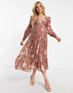ASOS Maternity ASOS DESIGN Maternity - Vestito Midi Con Dettagli Metallizzati E Maniche A Sbuffo Color Ruggine Allacciato Sul Retro -Vendite ASOS Maternity || RIVER ISLAND || Monki 203624670 4