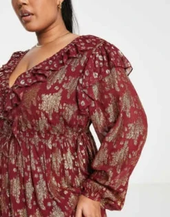 ASOS DESIGN Curve - Vestito Lungo Raccolto In Vita Bordeaux Metallizzato Con Volant -Vendite ASOS Maternity || RIVER ISLAND || Monki 203625257 3