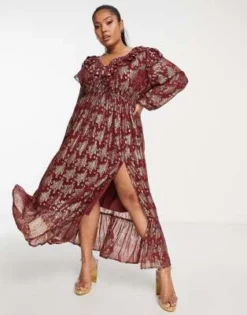 ASOS DESIGN Curve - Vestito Lungo Raccolto In Vita Bordeaux Metallizzato Con Volant -Vendite ASOS Maternity || RIVER ISLAND || Monki 203625257 4