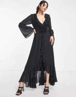 ASOS DESIGN - Vestito Midi Con Scollo Profondo Con Corsetto E Volant Nero