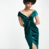 ASOS DESIGN Tall - Vestito Midi Avvolgente Con Spalle Scoperte E Incrociato Sul Davanti In Velluto Verde
