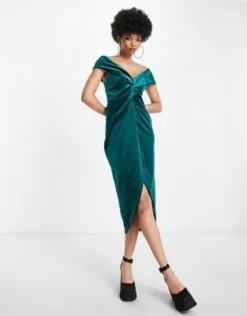 ASOS DESIGN Tall - Vestito Midi Avvolgente Con Spalle Scoperte E Incrociato Sul Davanti In Velluto Verde -Vendite ASOS Maternity || RIVER ISLAND || Monki 203638148 4