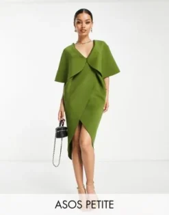 ASOS DESIGN Petite - Vestito Midi A Portafoglio E A Pieghe Con Dettaglio A Mantella Color Oliva