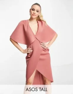 ASOS DESIGN Tall - Vestito Midi A Portafoglio E A Pieghe Con Dettaglio A Mantella Rosa -Vendite ASOS Maternity || RIVER ISLAND || Monki 203638308 2