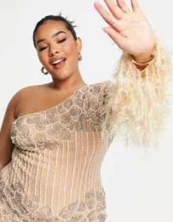 ASOS LUXE Curve - Vestito Midi Monospalla Color Visone Con Decorazioni E Piume Sintetiche Sui Bordi -Vendite ASOS Maternity || RIVER ISLAND || Monki 203639581 3