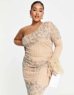 ASOS LUXE Curve - Vestito Midi Monospalla Color Visone Con Decorazioni E Piume Sintetiche Sui Bordi -Vendite ASOS Maternity || RIVER ISLAND || Monki 203639581 4