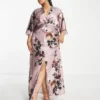 Hope & Ivy Plus - Vestito Lungo In Raso Malva Con Maniche A Kimono