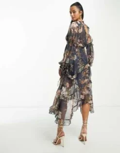 ASOS DESIGN Petite - Vestito Midi Arricciato A Balze Blu Navy Con Stampa A Fiori E Finiture In Pizzo -Vendite ASOS Maternity || RIVER ISLAND || Monki 203649837 3