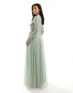 Maya Petite - Vestito Lungo A Maniche Lunghe Da Damigella Verde Salvia Con Paillettes Delicate -Vendite ASOS Maternity || RIVER ISLAND || Monki 203657989 3