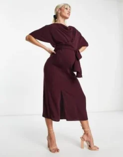 ASOS Maternity ASOS DESIGN Maternity - Vestito Midi Bordeaux Allacciato In Vita Con Scollo Ad Anello -Vendite ASOS Maternity || RIVER ISLAND || Monki 203676235 4