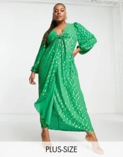 Vila Curve - Vestito Midi Annodato Sul Davanti Verde Acceso Con Pois Dorati