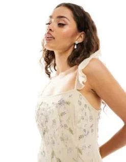 ASOS DESIGN Petite - Vestito Lungo Da Damigella Con Spalline Sottili Color Champagne Decorato Con Ricami -Vendite ASOS Maternity || RIVER ISLAND || Monki 203677602 3