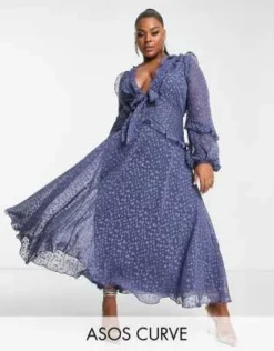 ASOS DESIGN Curve - Vestito Midi Blu Cobalto Jacquard A Pois Con Volant Allacciato Sul Davanti