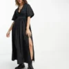 ASOS DESIGN - Vestito Grembiule Midi In Cotone Nero Arricciato A Portafoglio