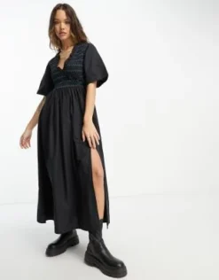 ASOS DESIGN - Vestito Grembiule Midi In Cotone Nero Arricciato A Portafoglio