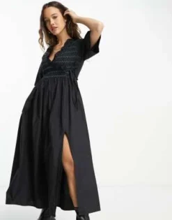 ASOS DESIGN - Vestito Grembiule Midi In Cotone Nero Arricciato A Portafoglio -Vendite ASOS Maternity || RIVER ISLAND || Monki 203691732 4