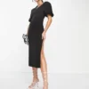 ASOS DESIGN - Vestito Midi Con Maniche A Sbuffo E Scollo Asimmetrico Nero