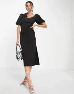 ASOS DESIGN - Vestito Midi Con Maniche A Sbuffo E Scollo Asimmetrico Nero -Vendite ASOS Maternity || RIVER ISLAND || Monki 203717009 4