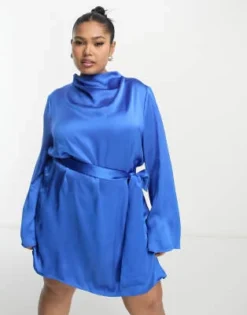 Pretty Lavish Curve - Vestito Corto In Raso Allacciato In Vita Blu Cobalto