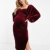 ASOS DESIGN Maternity - Vestito Midi In Velluto Bordeaux Con Maniche Ad Ali Di Pipistrello