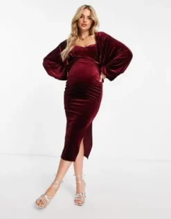 ASOS DESIGN Maternity - Vestito Midi In Velluto Bordeaux Con Maniche Ad Ali Di Pipistrello -Vendite ASOS Maternity || RIVER ISLAND || Monki 203743441 4