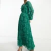 ASOS DESIGN Tall - Vestito Midi A Pieghe Jacquard Dévoré A Fiori Verde Scuro Con Volant Sul Collo E Apertura Sulla Schiena
