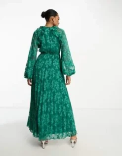 ASOS DESIGN Tall - Vestito Midi A Pieghe Jacquard Dévoré A Fiori Verde Scuro Con Volant Sul Collo E Apertura Sulla Schiena -Vendite ASOS Maternity || RIVER ISLAND || Monki 203755612 2
